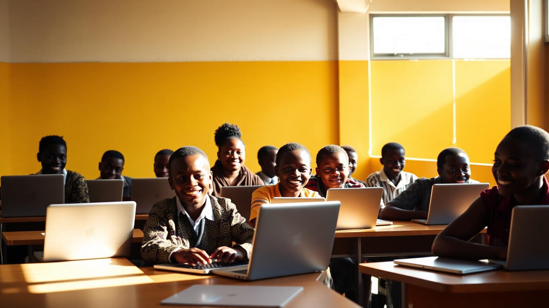 Kenyan students learning with managed laptops in a digital classroom